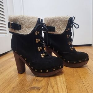 N.Y.L.A Women’s Black Suede Shearling Lace-Up Platform Boots Size 8 Winter Booti
